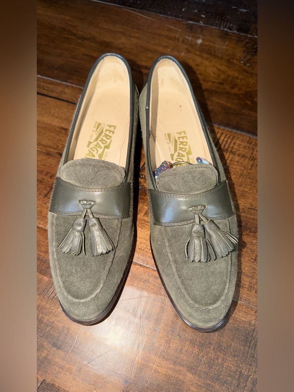 Salvatore Ferragamo Olive Green Suede Tassel Penny Loafers